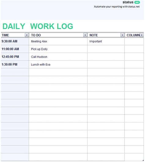 daily work diary excel template