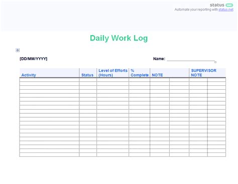 daily work log template excel