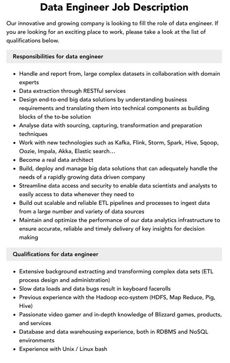 data engineer job description example