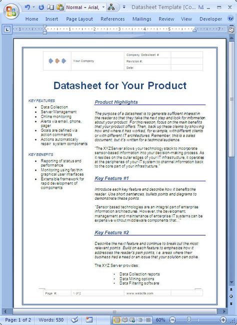 data sheet template word