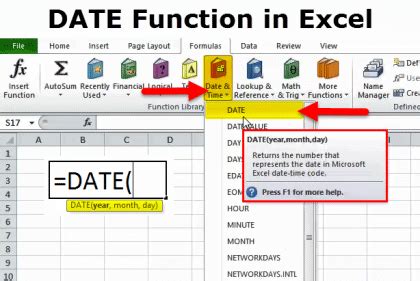 date and time function in excel example