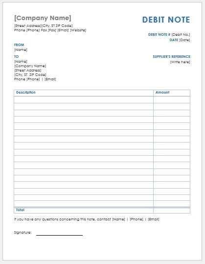 debit note template word
