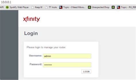 default username and password for xfinity router