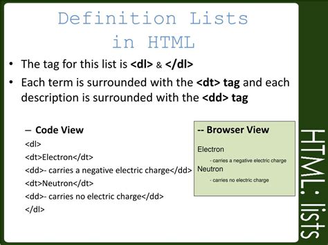 define list and types of lists in html with example