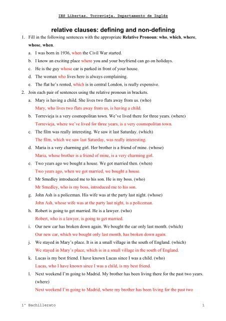 defining and non defining relative clauses exercises 1 bachillerato pdf with answers