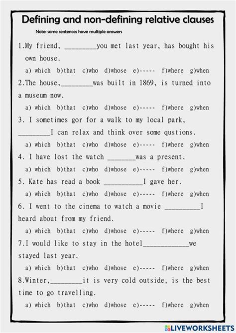 defining and non defining relative clauses worksheet with answers