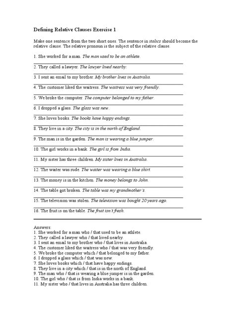 defining relative clause exercises pdf