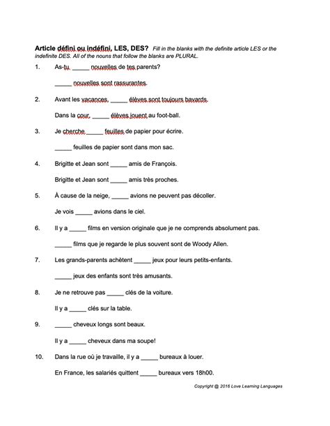 definite and indefinite articles in french exercises with answers class