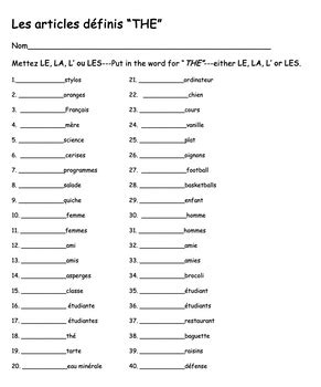 definite articles in french exercises with answers