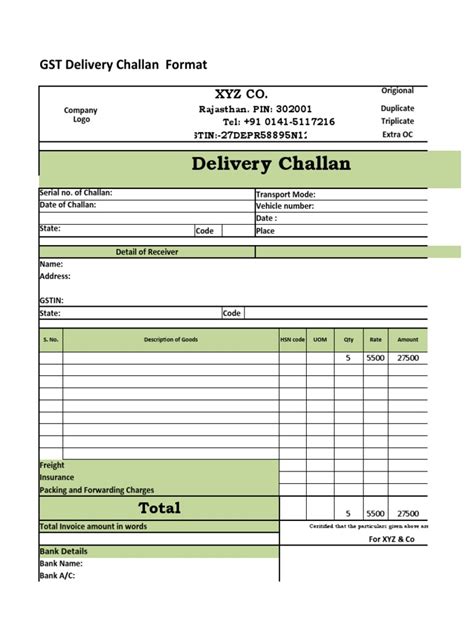 delivery challan format in excel pdf