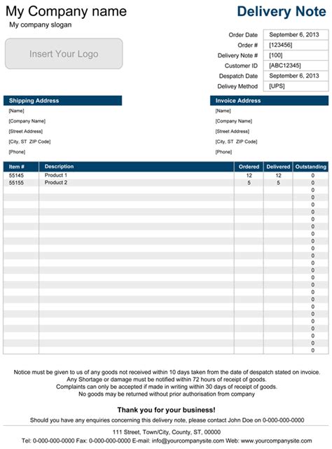 delivery note in excel format