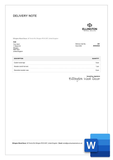 delivery note letter format in word