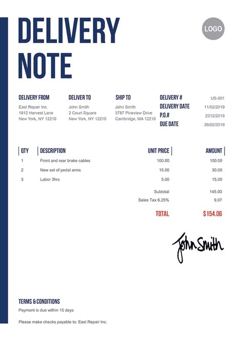 delivery note number example