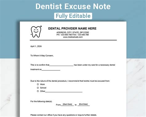 Dentist Excuse Template