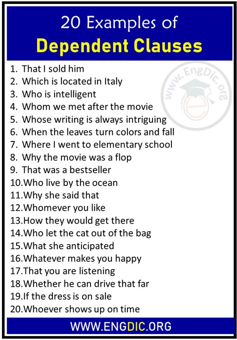 dependent clauses examples list