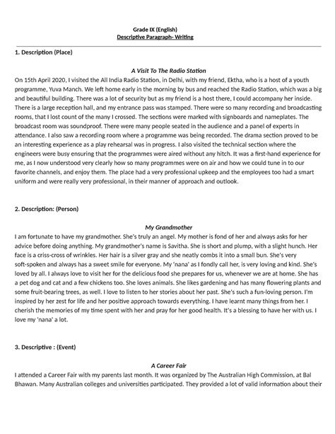 descriptive paragraph examples for grade 9