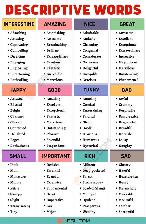 descriptive words list for writing