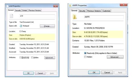 different size and size on disk