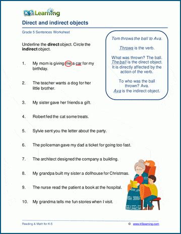 direct and indirect object examples with answers class 5 worksheets