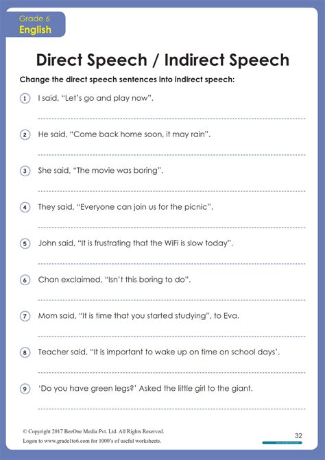 direct and indirect speech exercises for class 7 with answers pdf