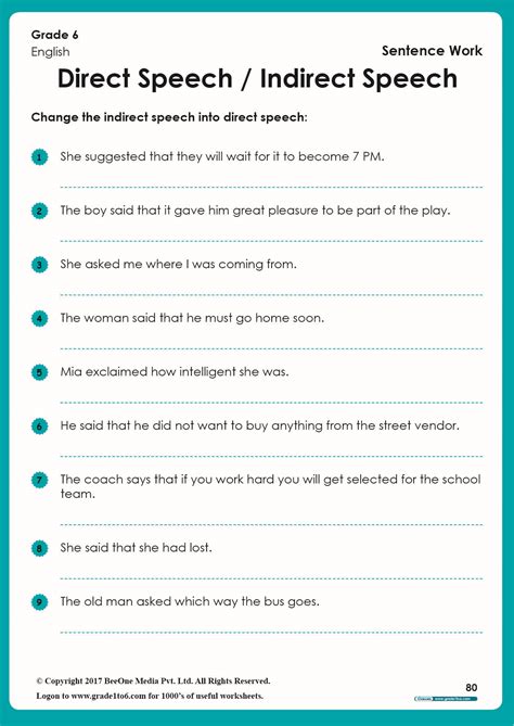 direct and indirect speech exercises with answers for class 12