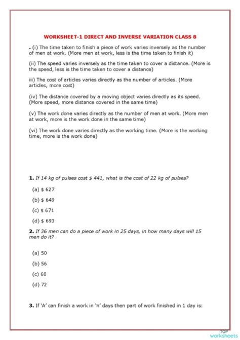direct and inverse variation class 8 worksheets with answers pdf free