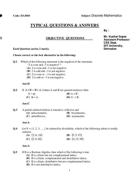discrete mathematics logic questions and answers