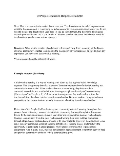 discussion post response examples for students