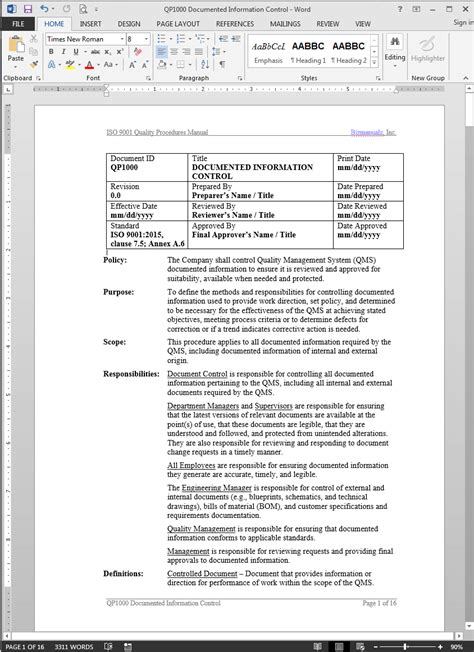 document control procedure iso 9001 example
