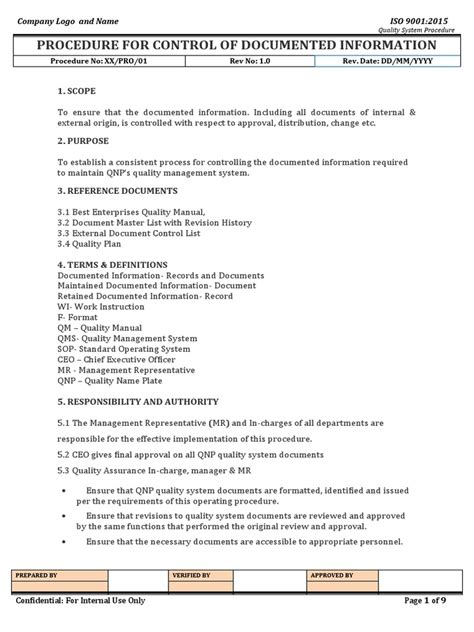 document control procedure iso 9001 pdf