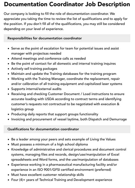 documentation coordinator job description