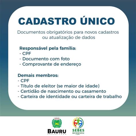 documentos necessários para fazer o cadastro único no cras