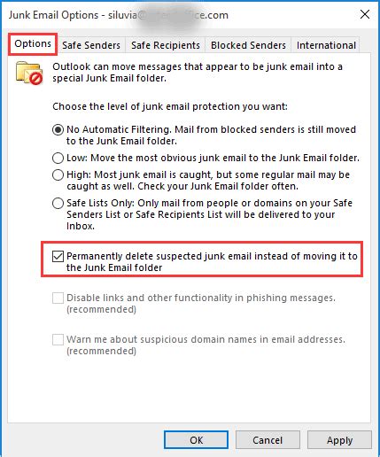 does junk email automatically delete outlook