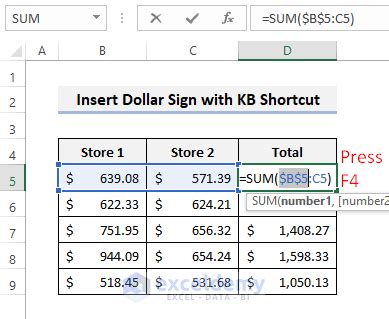 dollar sign in excel formula shortcut