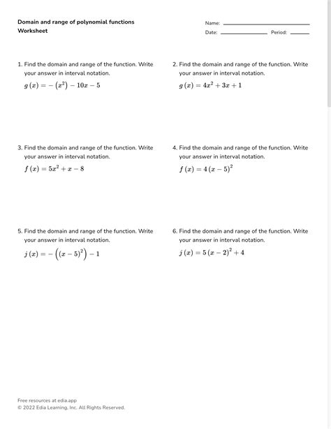 domain and range of polynomial functions worksheet