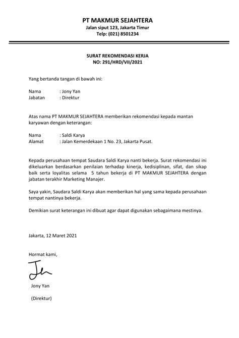 download contoh surat rekomendasi kerja