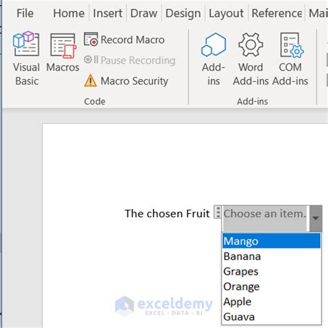 drop down list in word from excel