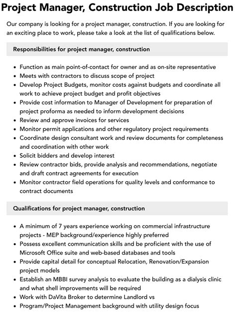 duties and responsibilities of a project manager in construction