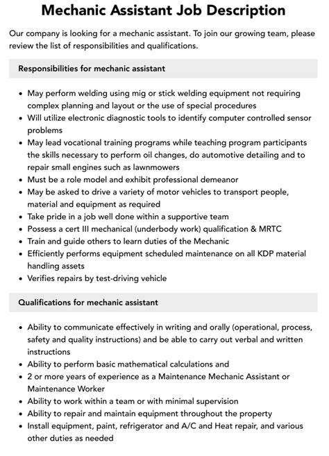 duties and responsibilities of assistant mechanic