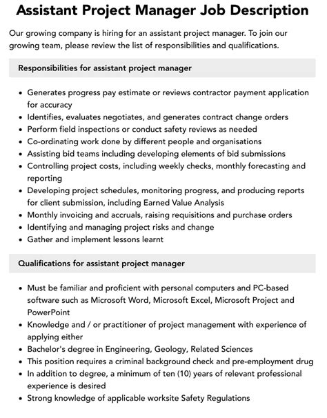 duties and responsibilities of assistant project manager