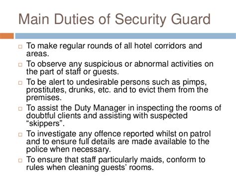 duties and responsibilities of security guard in hotel