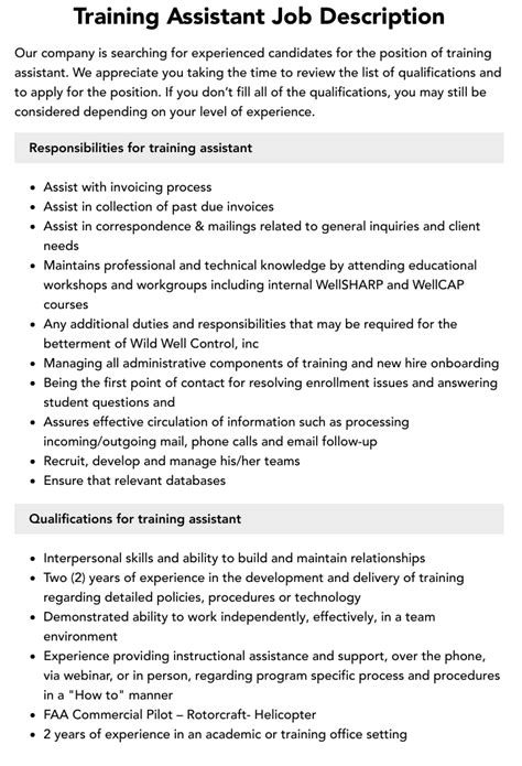 duties and responsibilities of workshop assistant