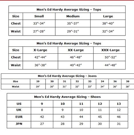 Ed Hardy Size Chart