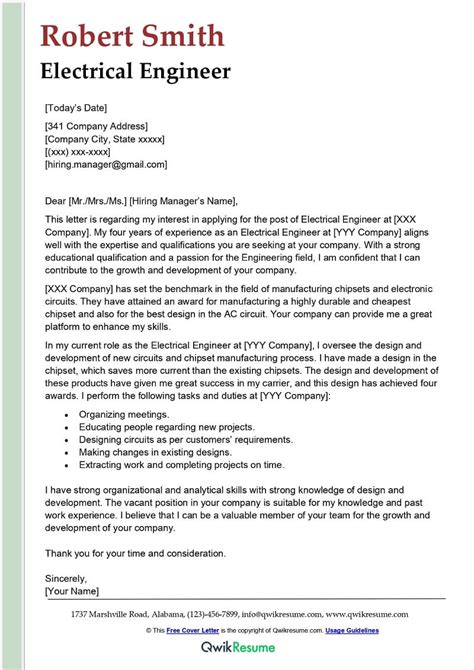 electrical engineering application letter sample