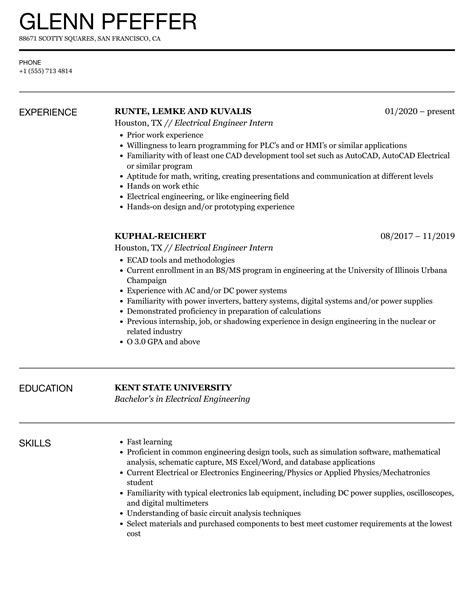 electrical engineering internship resume examples