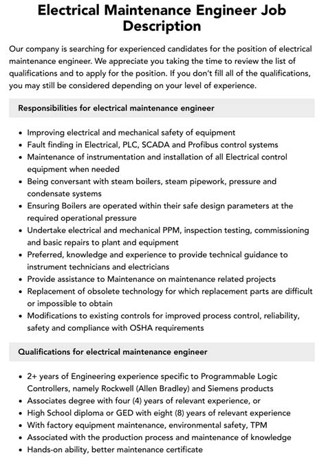 electrical maintenance engineer profile summary