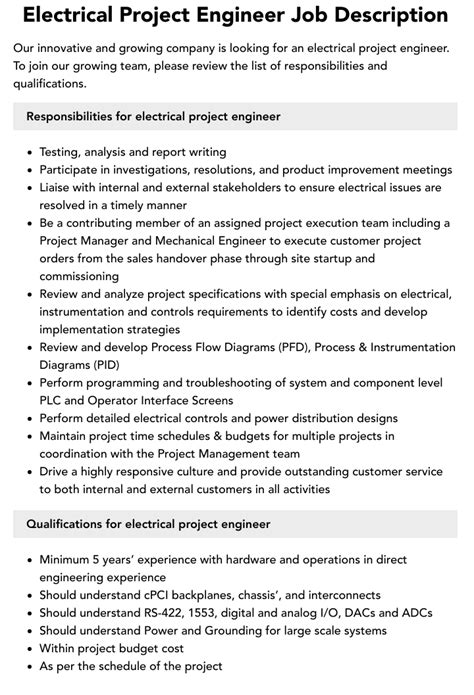 electrical project engineer job description
