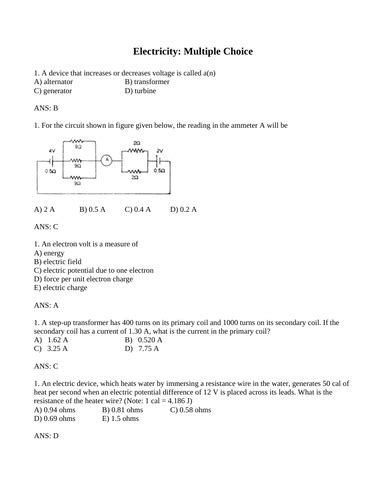 electricity multiple choice questions with answers pdf class 10