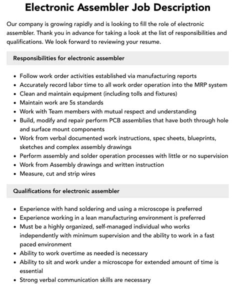 electronic assembler job description