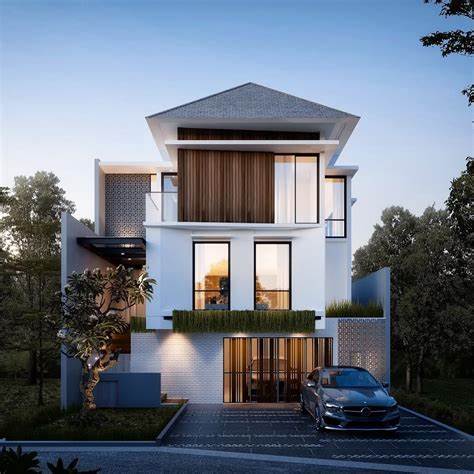 desain tampak depan rumah minimalis 2 lantai dengan elemen kayu